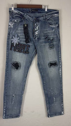 Purple Brand distressed denim jeans.